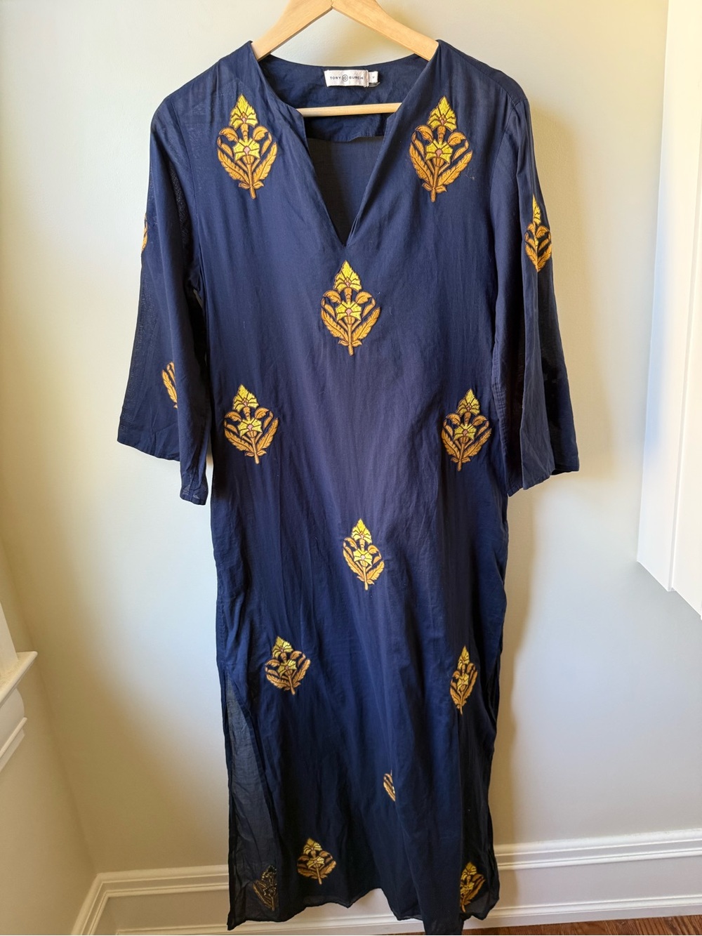 TORY BURCH Embroidered Floral Caftan Maxi Dress Cover Up Oversized Beachy Navy S